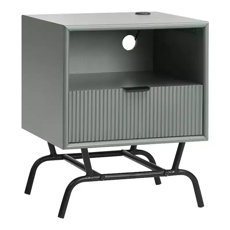Modern Side Table with USB Ports, 1 Drawer & Open Shelf, Black & Green, 18