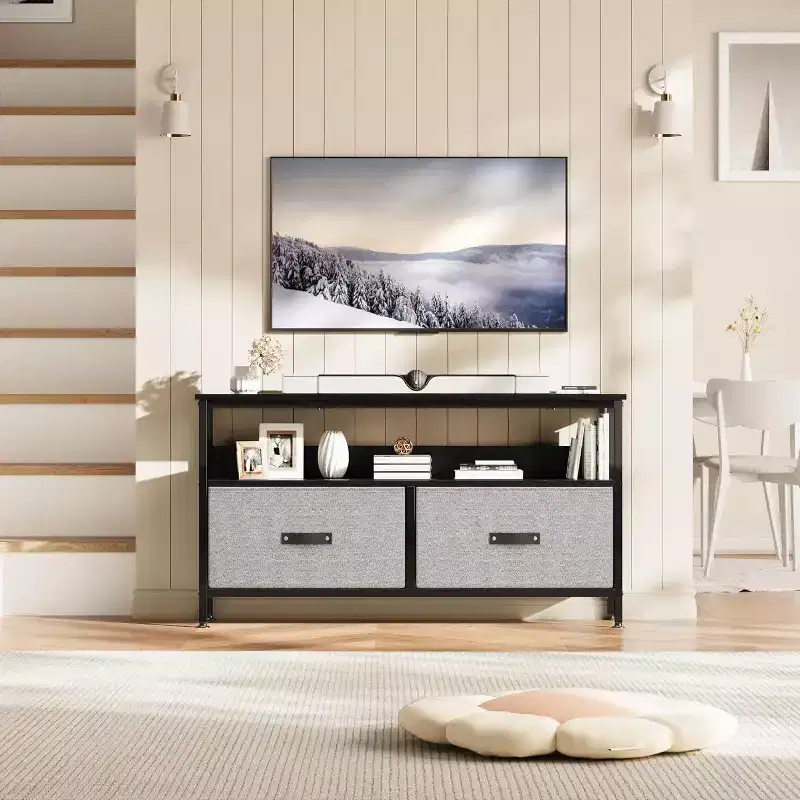TV Stand with 2 Fabric Drawers & Open Shelf | Black / Gray / Retro | Fits 32–50