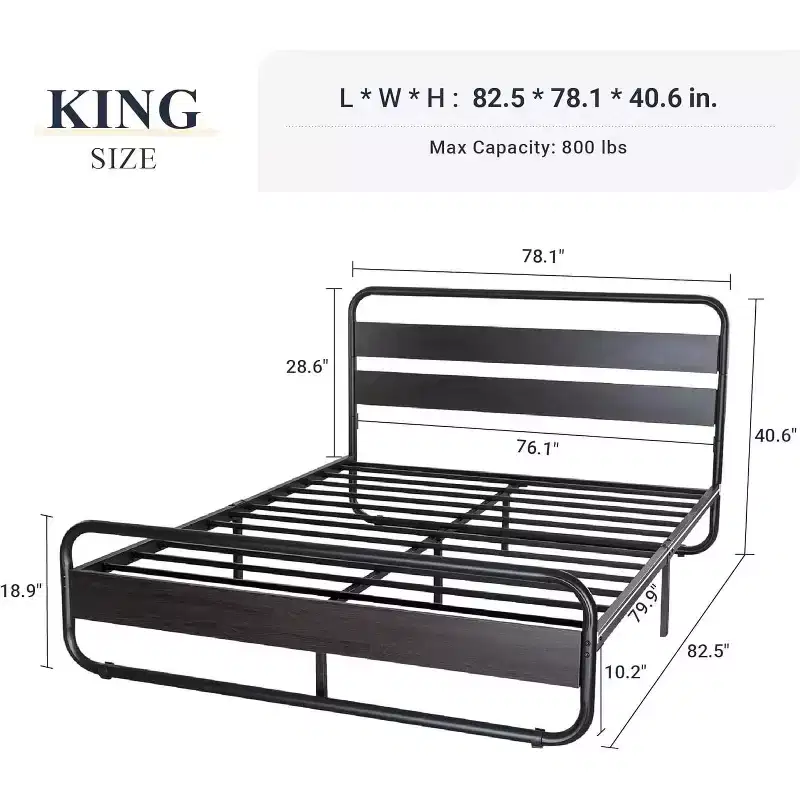 King Size Metal Bed with Curved Wood Head & Footboard, Heavy Duty Platform Bed Frame, Under-Bed Storage, Easy Assembly, Black