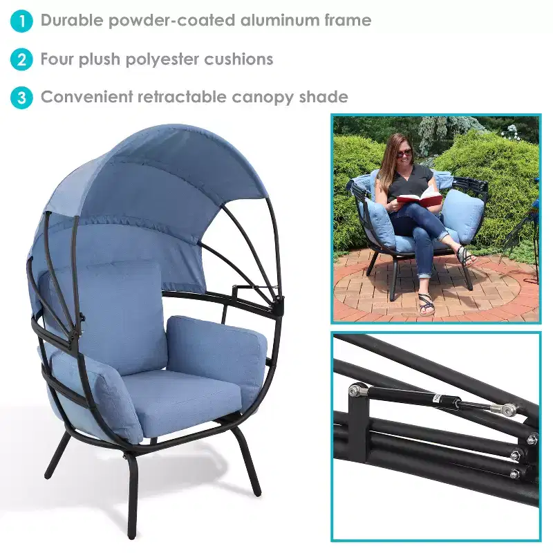 Sunnydaze Modern Luxury Patio Lounge Chair with Retractable Shade - Powder-Coated Aluminum Frame with Polyester Cushions and Canopy