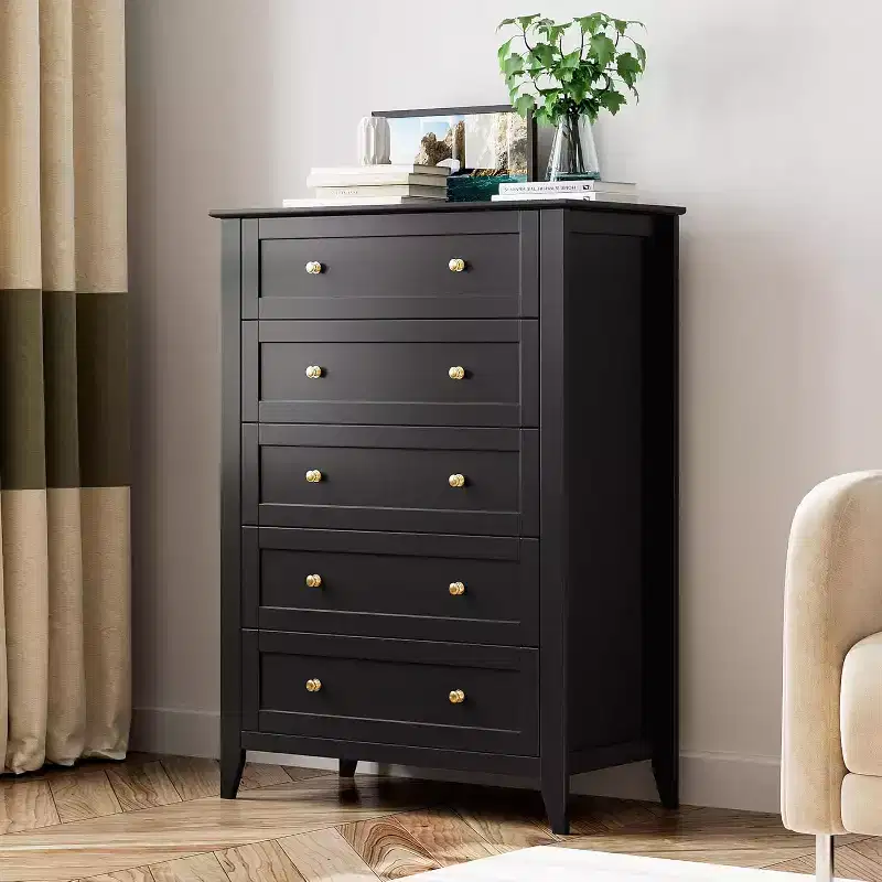 5 Drawer Tall Wooden Dresser, Modern Deep Drawers with Metal Knobs, Versatile Storage Chest for Bedroom Entryway Hallway