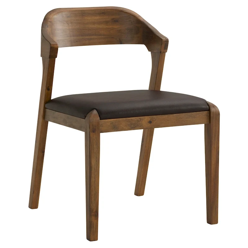 Mid-Century Dining Side Chair, Rubberwood, Faux Leather Padded Seat, Chestnut Wire-Brush Finish