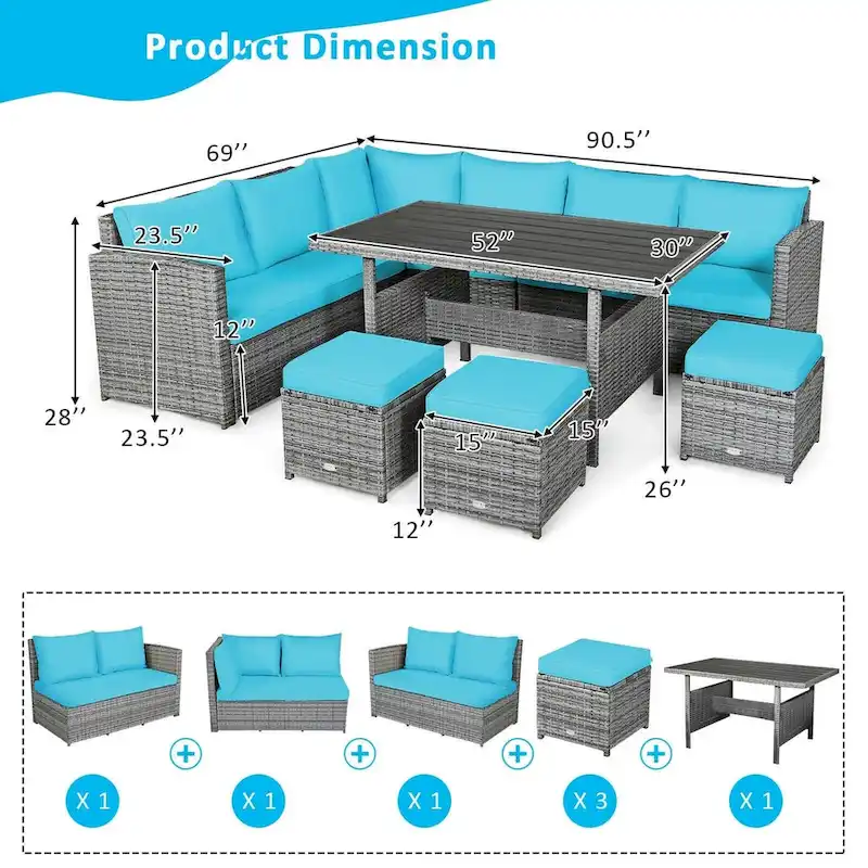 7 Pcs All-Weather Patio Rattan Dining Furniture Sectional Sofa Set with Wicker Ottoman and Cushed Couch