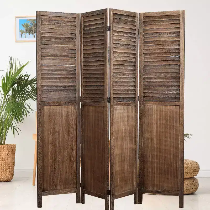 4-Panel Folding Room Divider – Paulownia Wood, Louvered Slats, Rustic Finish, No Assembly