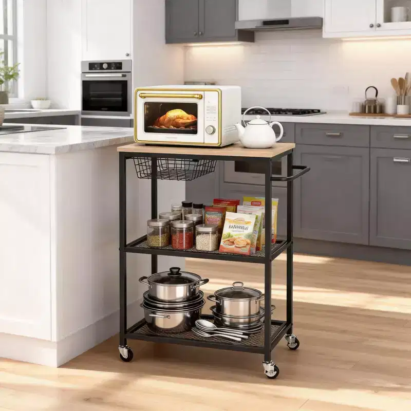3-Tier Rolling Kitchen Cart with Lockable Wheels