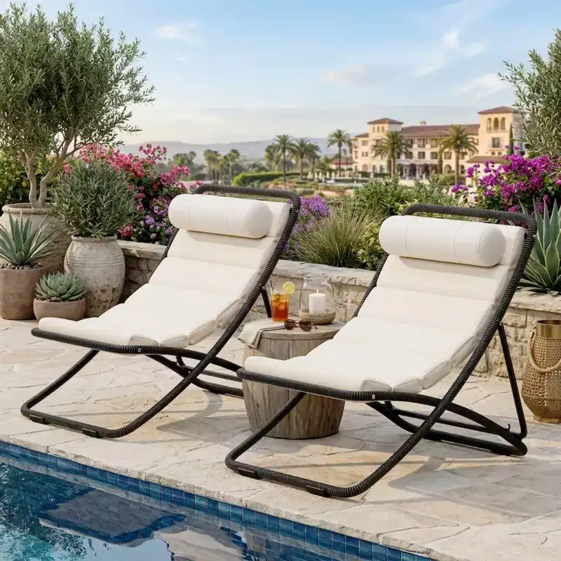Polibi 2-Piece Outdoor Rattan Lounge Chair Set with Adjustable Recline & Headrest
