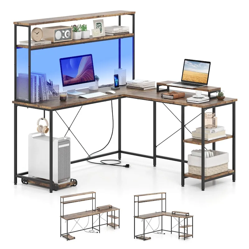 L-Shaped Gaming Desk with LED Strip & Power Outlets