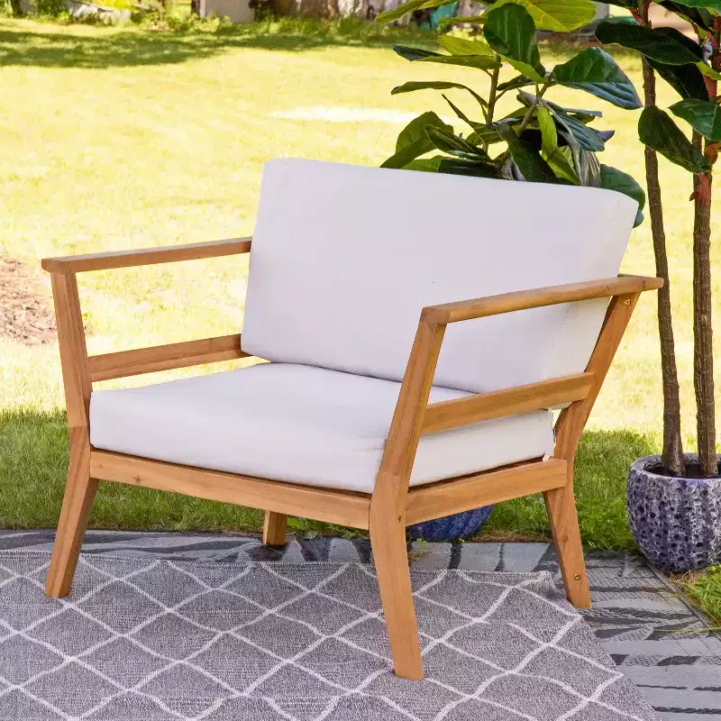 Sunnydaze Bodie Acacia Wood Patio Armchair with Bone White Cushions - Natural