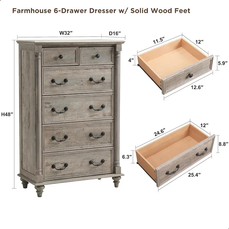 6-Drawer Dresser with Rustic Wood Finish