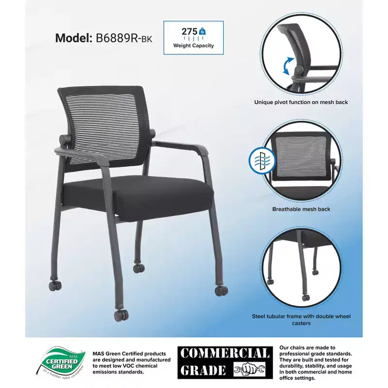Mesh 4 Legged Guest Chair Black: Upholstered, Breathable, Fixed Height