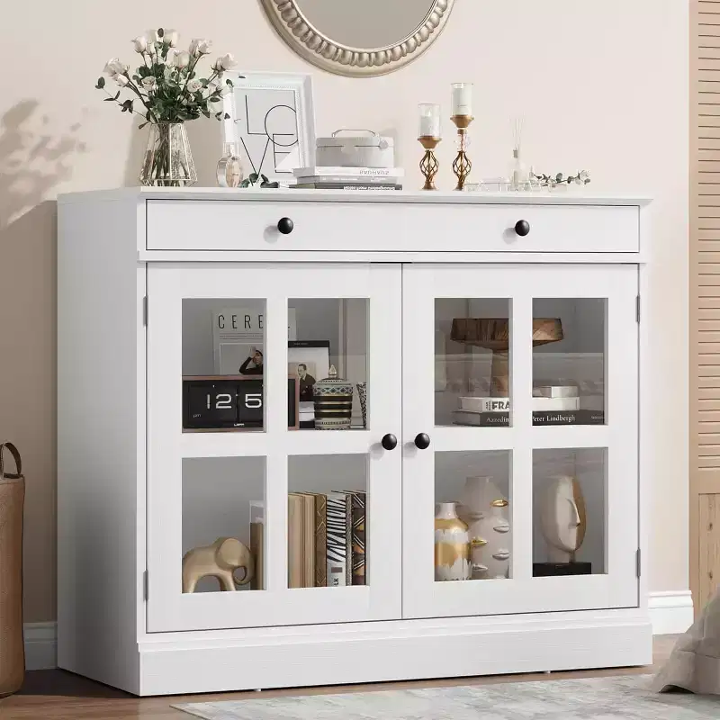 Sideboard Buffet Cabinets with Glass Door, 35.4 Sideboard with Storage Drawer, Adaptable Design