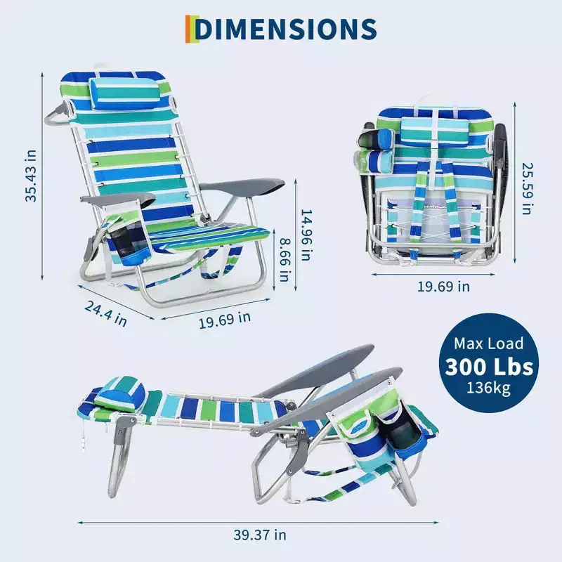 Folding Lightweight Backpack Beach Chair, Lay-Flat 5-Position Recline, 300LBS Load with Cup Holder, Phone Pocket & Towel Bar