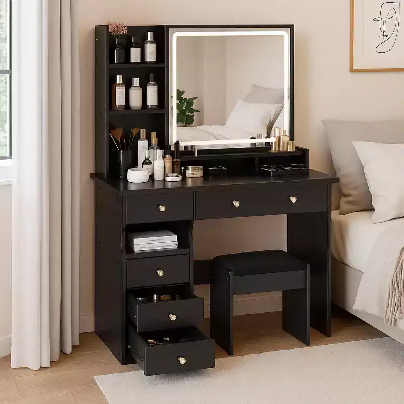 Homy Casa Vanity Table with Lighted Mirror, Stool and Storage Drawers for Bedroom or Dressing Room
