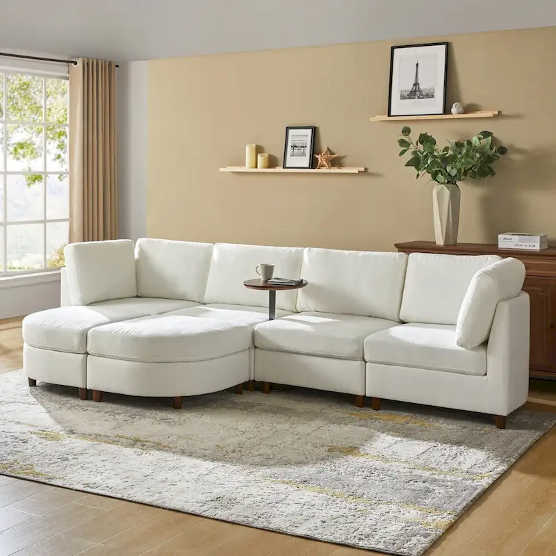 Modular Sectional Sofa with Under-Seat Storage, Built-In Table and Solid Wood Legs