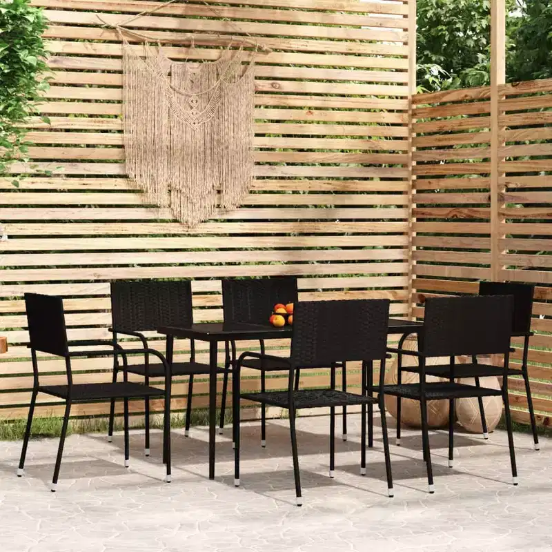 vidaXL Garden Dining Set Black PE Rattan, Powder-Coated Steel, Glass - 55.1 Table Length Black 6