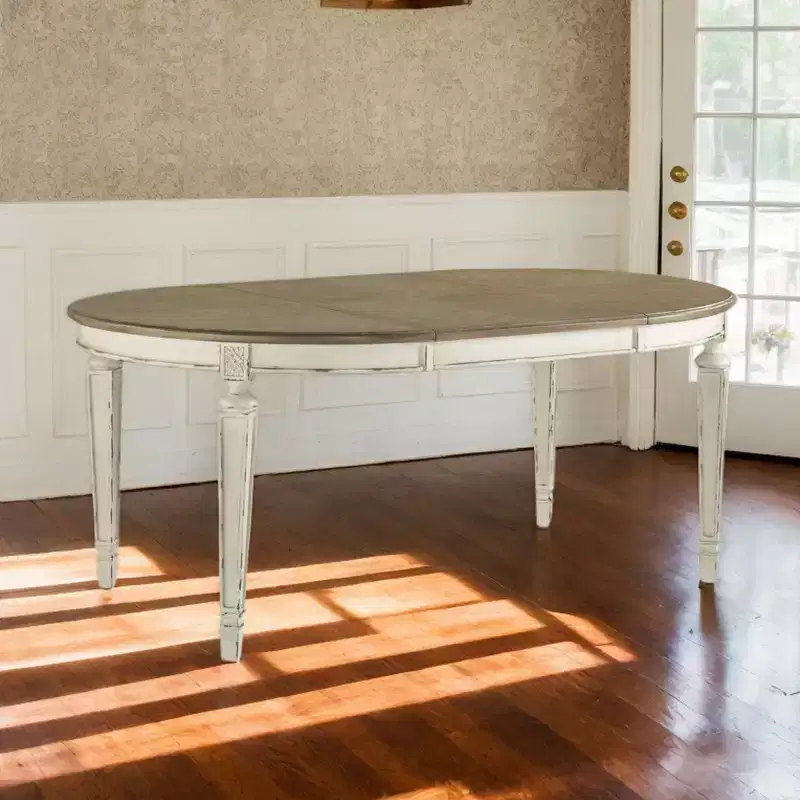Oval Extendable Dining Table Chipped - Two-Tone Farmhouse Style, Seats 6, Removable Leaf