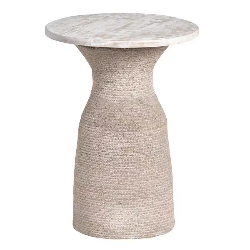 Round Tan Solid Wood Accent End Table, Mango Wood with Jute Rope