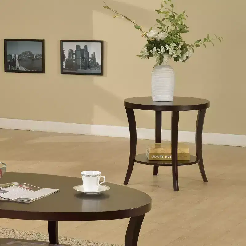 Modern Round Wooden 2-Tier End Table with Underneath Shelf and Curved Legs