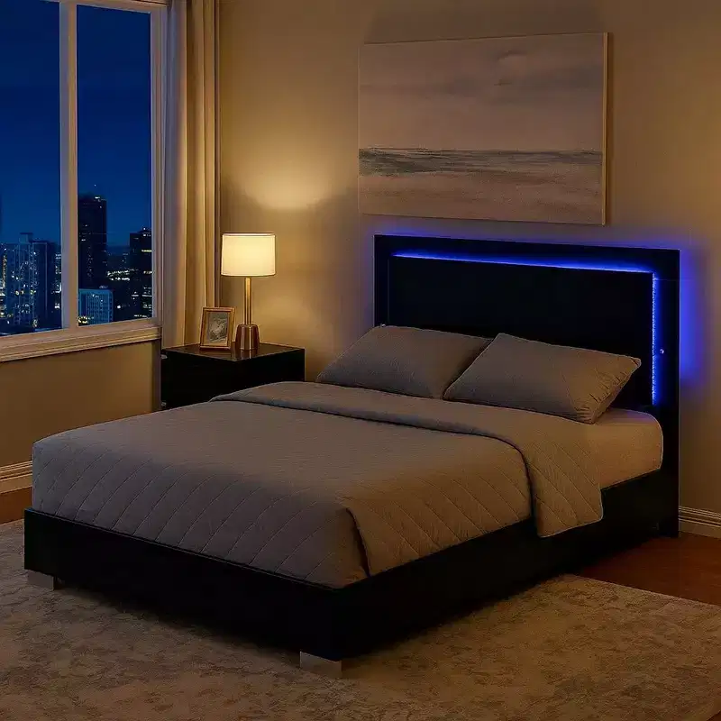 Queen Size Bed w LED Headboard, Piano Black Wood Frame