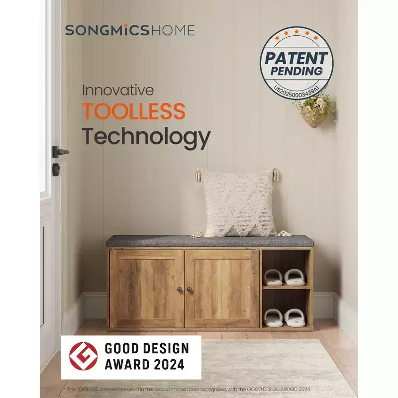 SONGMICS HOME Storage Bench, Superfast Toolless Assembly, Shoe Rack Cabinet with Door & Adjustable Shelf, Rustic White and Slate Gray