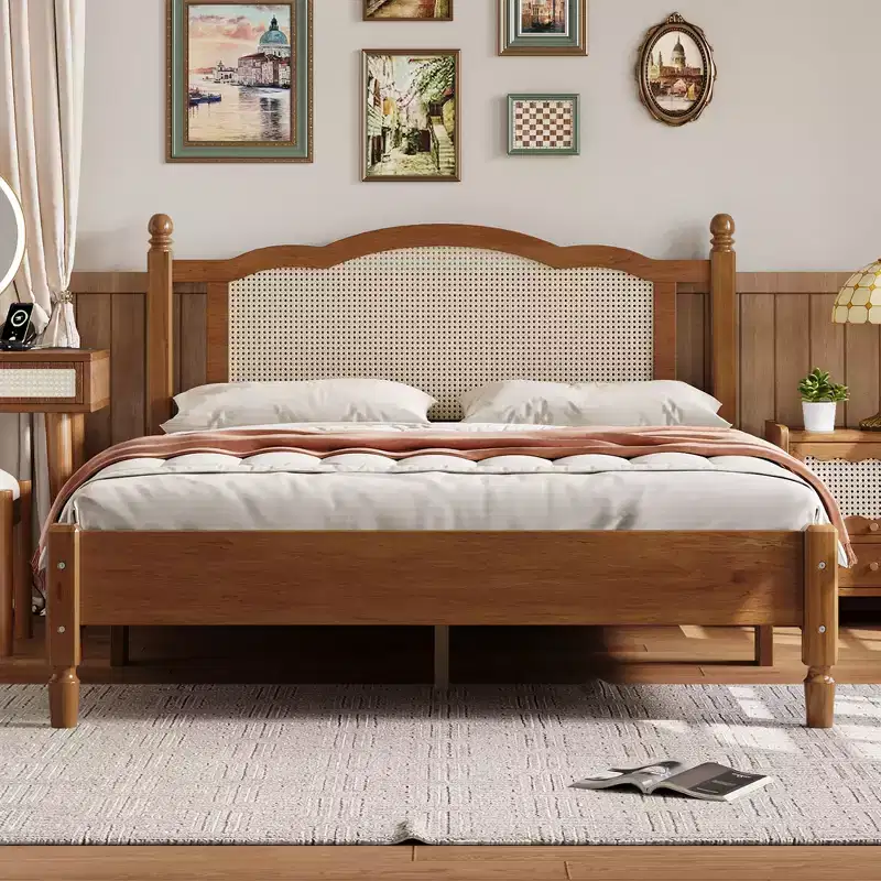 Queen Wooden Platform Bed with Natural Rattan Headboard, Vintage Bed Frame with Slat Support, Walnut