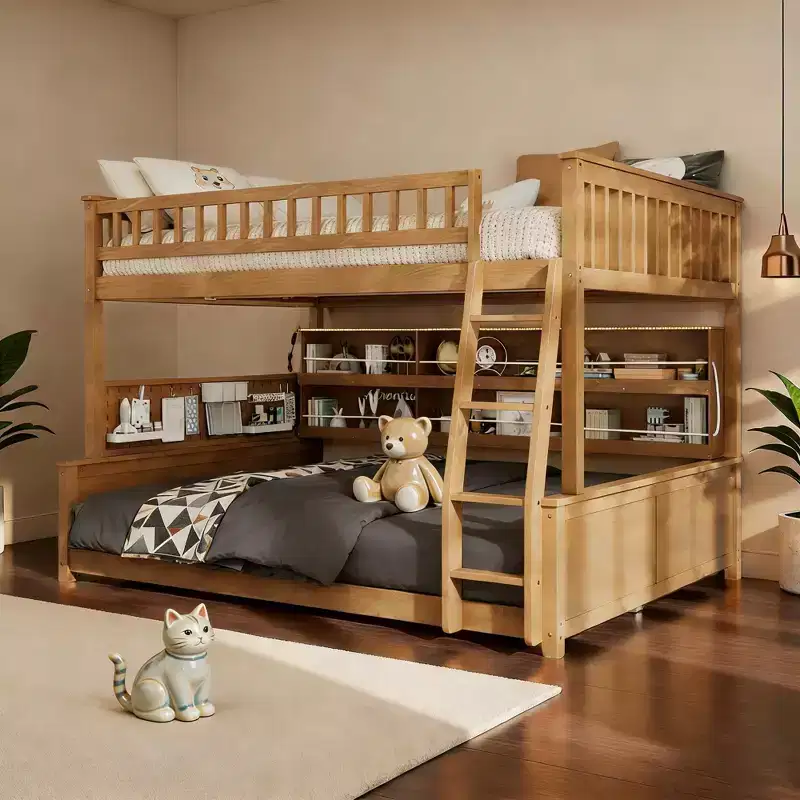 Full Xl Over Queen Low Bunk Bed With Built In Lighted Shelves And Pegboard