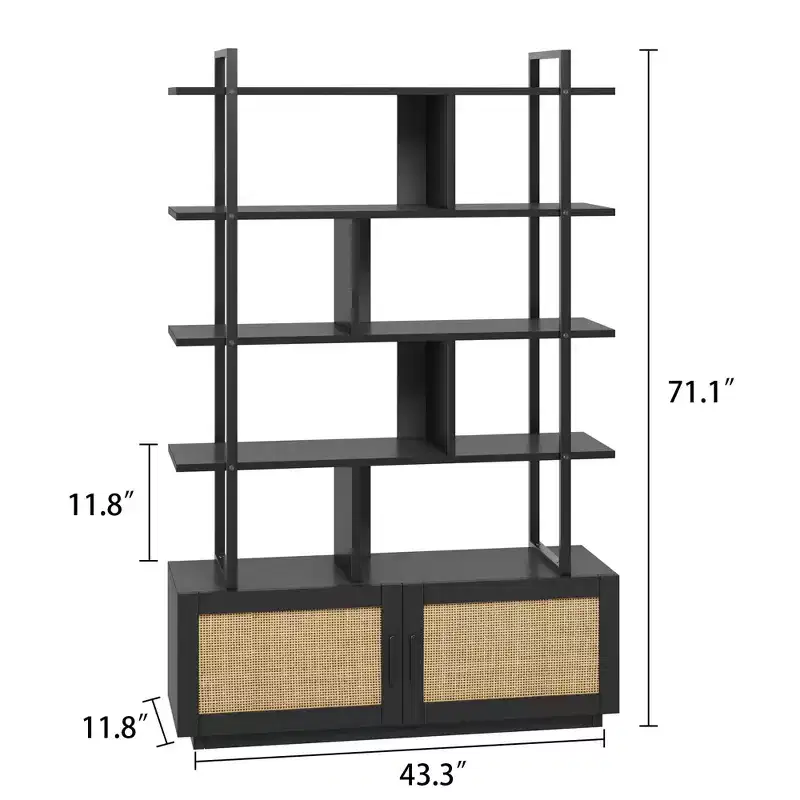 Rattan Bookshelf 71.1 Tall  5 Tier Industrial Bookcase with Storage Cabinet & Door, Open Display Shelves, Metal Frame  Farmhouse Boho Shelf