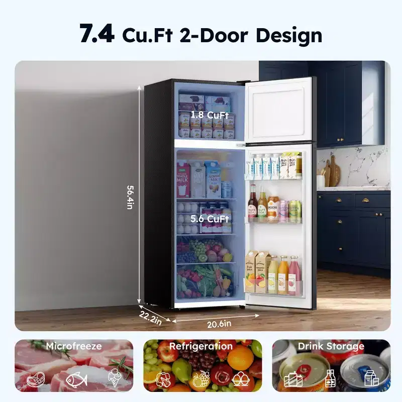 EUHOMY 7.4 cu. ft. Refrigerator with Freezer, 2 Door Fridge, Adjustable Thermostat, Large Capacity, for Kitchen/Dorm/Office/Apartment, Black