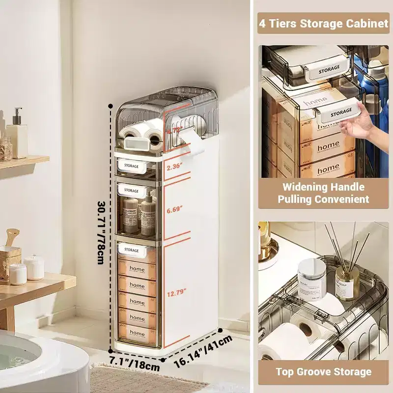 Ultra Narrow 4-Tier Bathroom Cabinet with Wheels & Drawers, Toilet Side Storage Organizer for Bathroom & Kitchen, White & Grey
