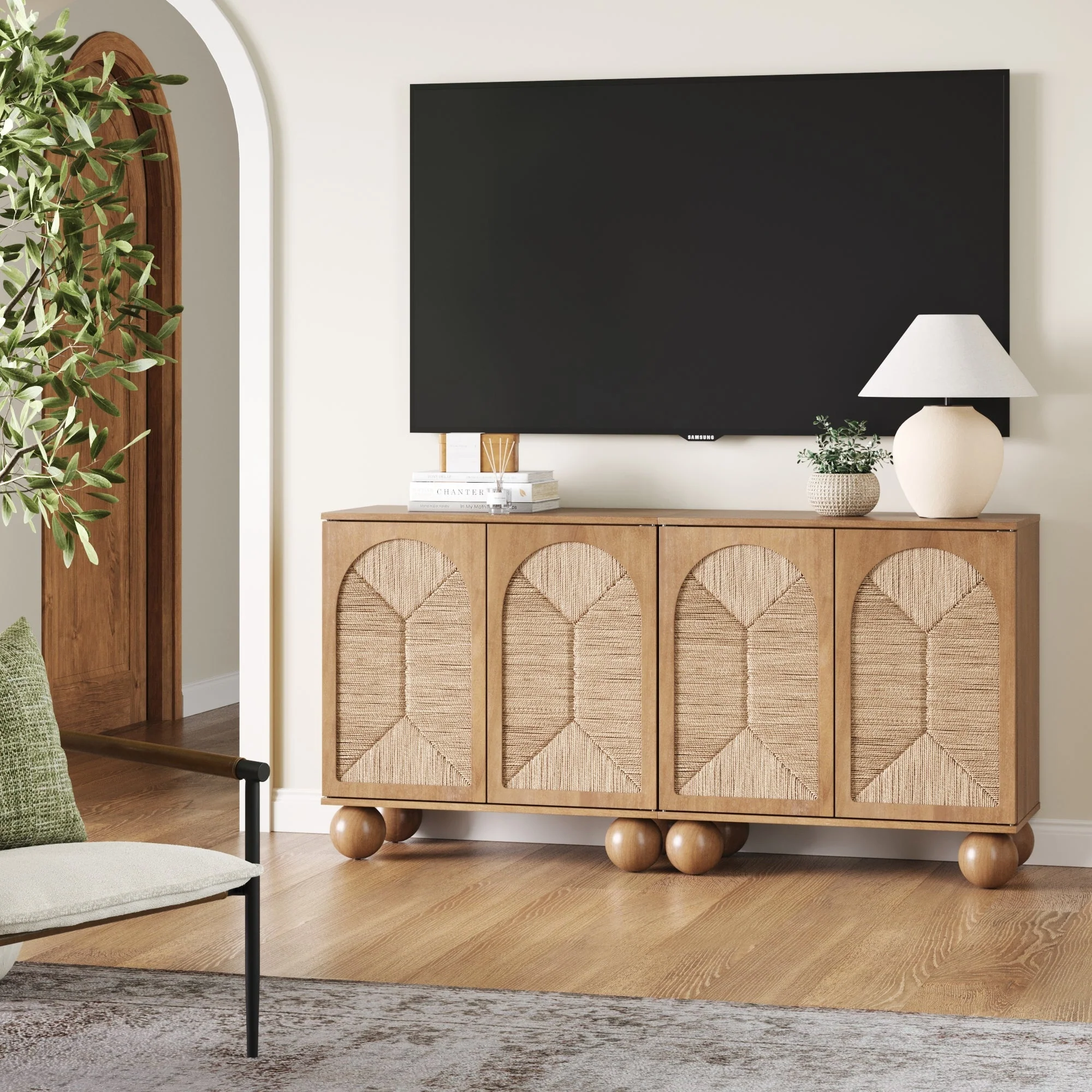 Seagrass Arched TV Console Cabinet for TVs up to 65 Light Brown