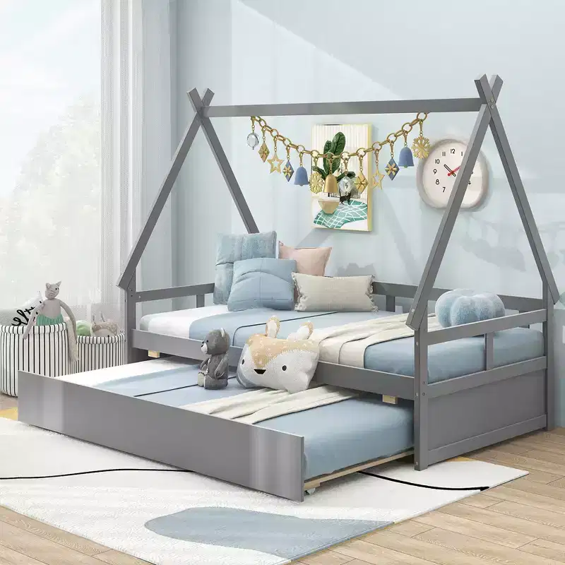 Twin Size House Bed with Trundle, Roof, Safety Guardrail and Wood Slat Support, Gray