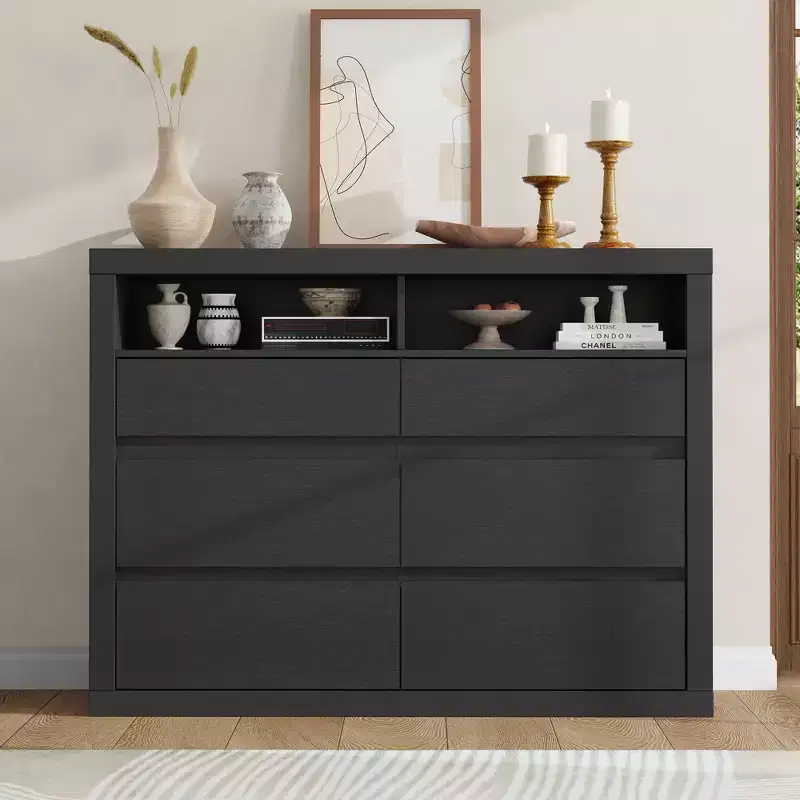 6 Drawer Dresser for Bedroom, Modern Mid Century Chest of Drawers with 2 Open Shelves, 47 Wide Wooden Double Dresser TV Stand for Closet, Living Room