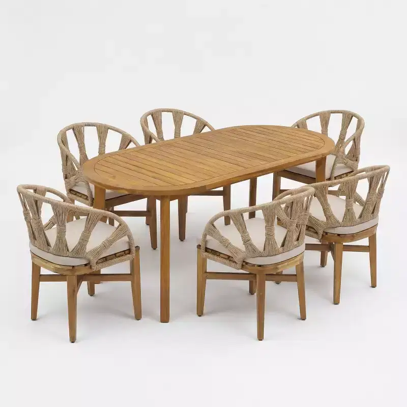 Christopher Knight Home Cascade 7 Piece Boho Outdoor Acacia Wood Wicker Dining Set with Outdoor Oval Slatted Table