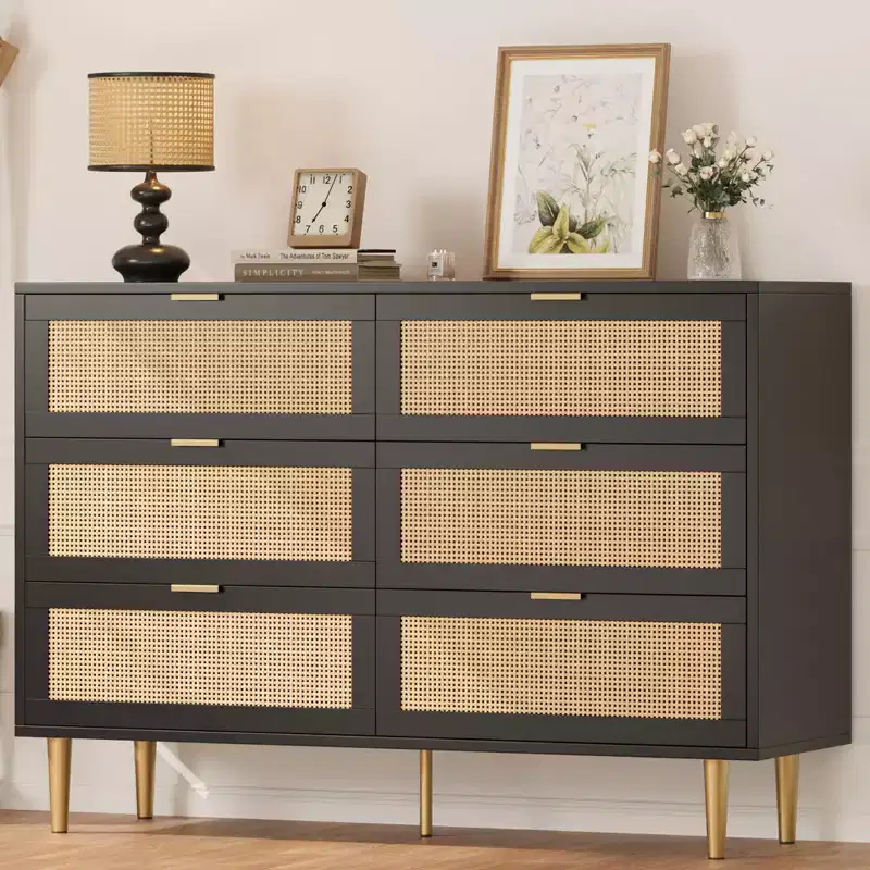Rattan 6-Drawer Dresser with Gold Legs & Handles, Modern Wide Double Dresser with Large Tabletop & Anti-Tipping for Bedroom & Living Room