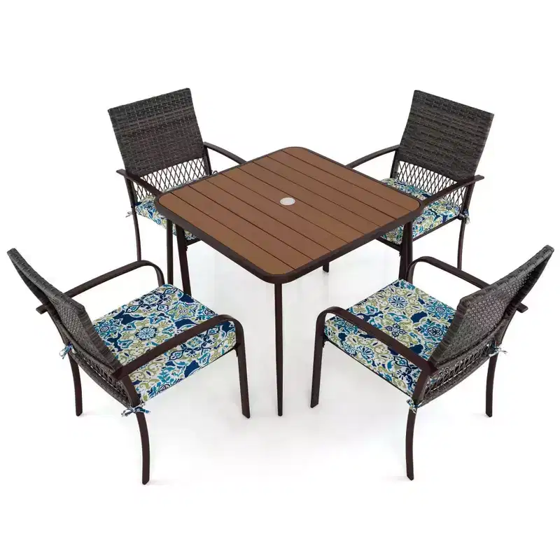 Costway 5 PCS Patio Dining Set with Wood-Plastic Tabletop & Umbrella Hole for Backyard