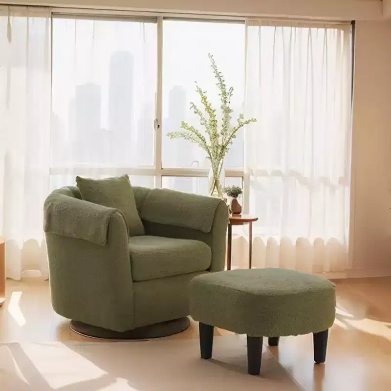 Swivel Accent Chair with Ottoman Set, Modern Chenille Barrel Armchair with Back Pillow & 2 Armrest Covers for Living Room, Bedroom, Office
