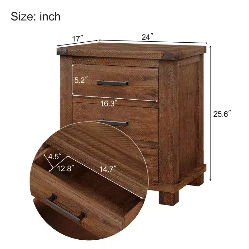 GDFStudio Ken Rustic Solid Wood Nightstand with 3-Drawer (Set of 2)