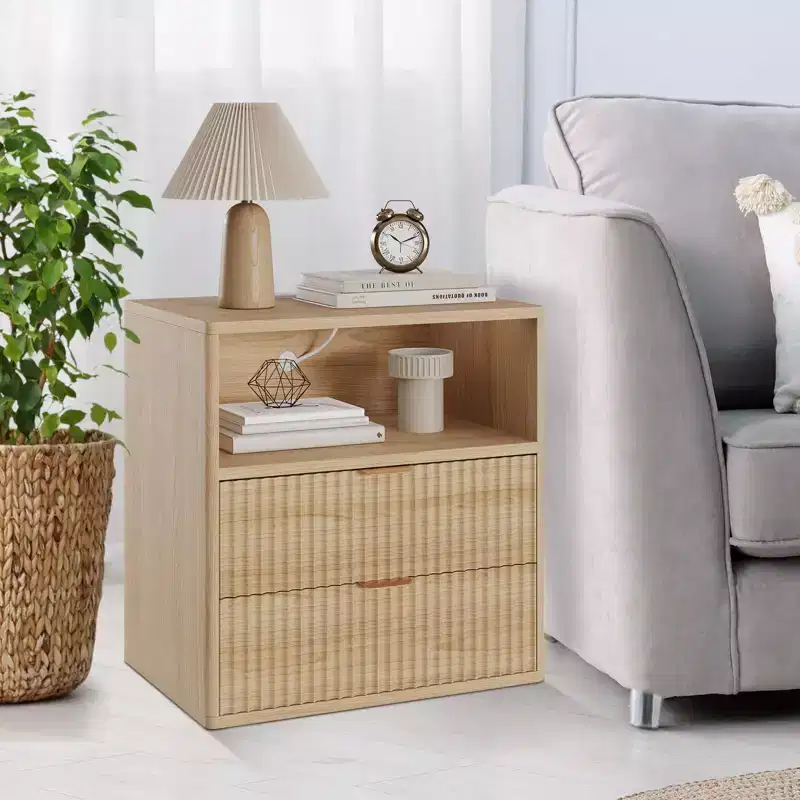 Oak-1 23 Fluted Nightstand C Mid-Century Modern Bedside Table with Charging Station & 2 Drawers