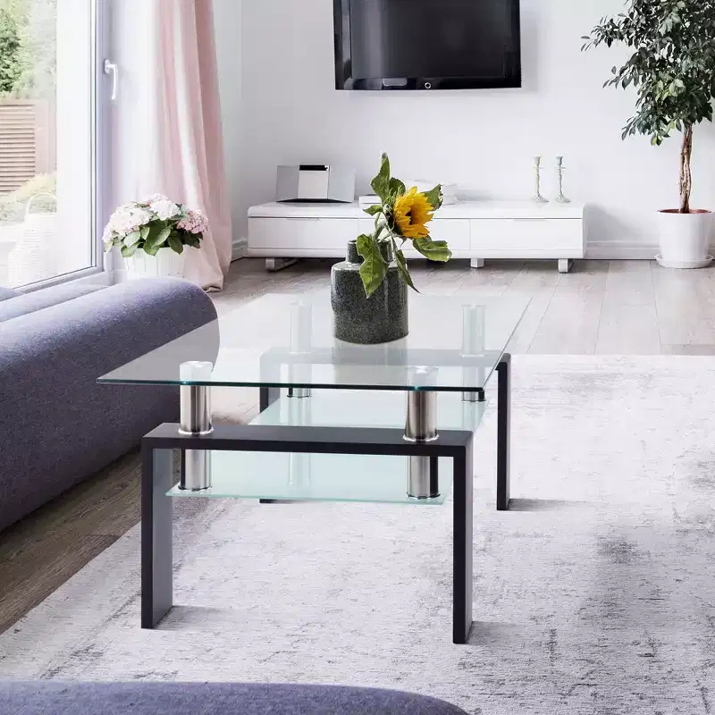 Modern Rectangular Wood Coffee Table with Glass Top for Living Room Office
