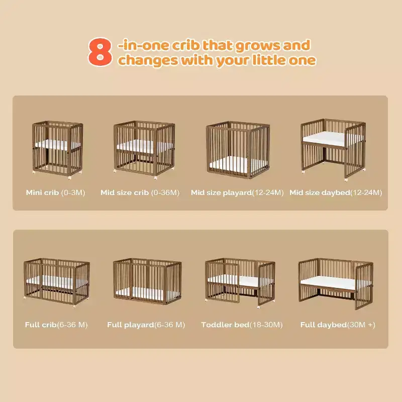 JOYMOR 8 in 1 Convertible Crib, Include 2 Mattress, Converts to Bassinet, Mid Crib, Full Size Crib, Daybed,Toddler Bed and Playard