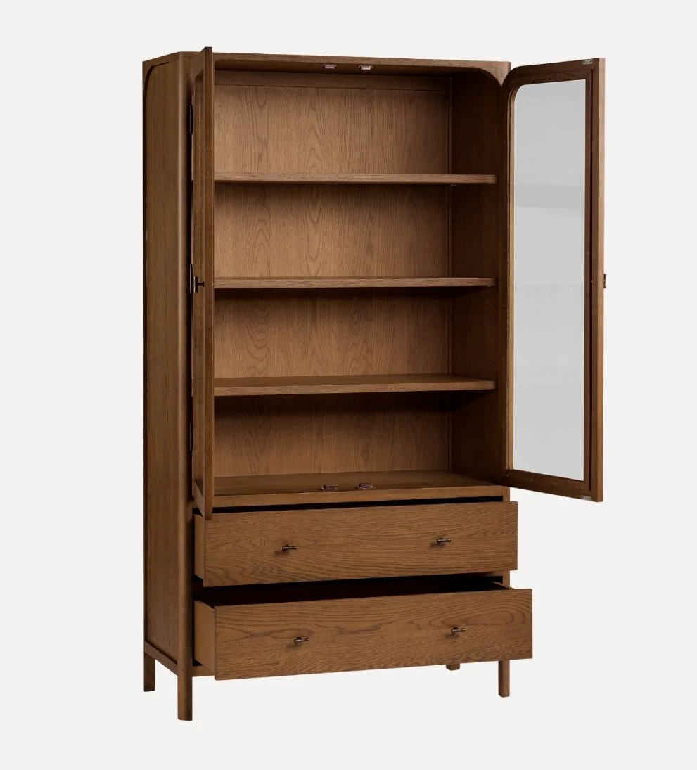 Walnut Display Cabinet ¨C Tall Glass-Front Storage with Soft-Close Drawers & Antique Bronze Hardware, 17L x 39W x 72H