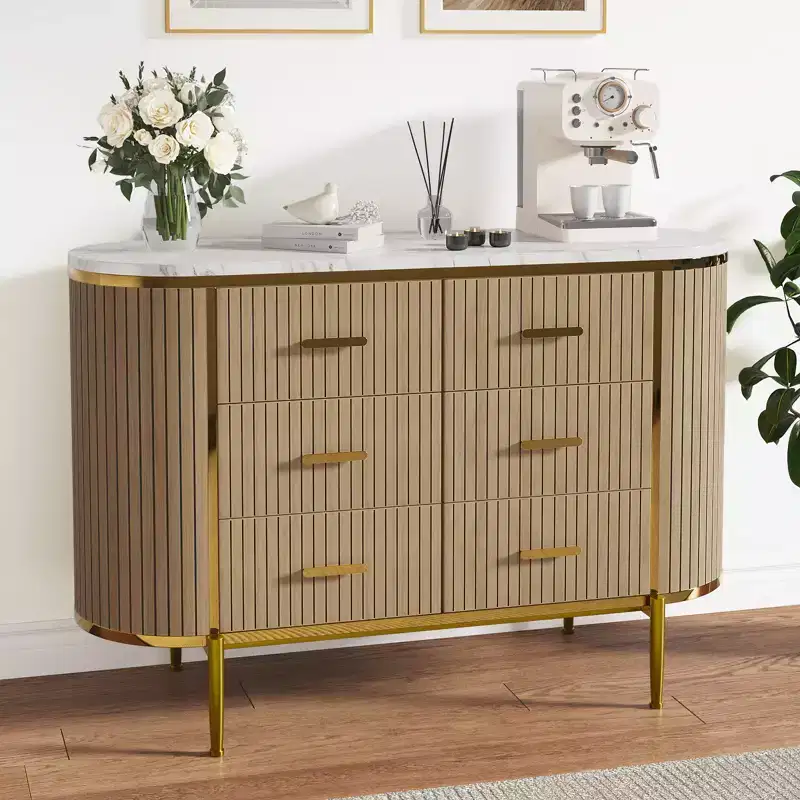 6 Drawer Dresser for Bedroom, 47W Wood Chest of Drawers with Faux Marble Top, Fluted Dresser TV Stand, Clothes Storage Organizer for Bedroom