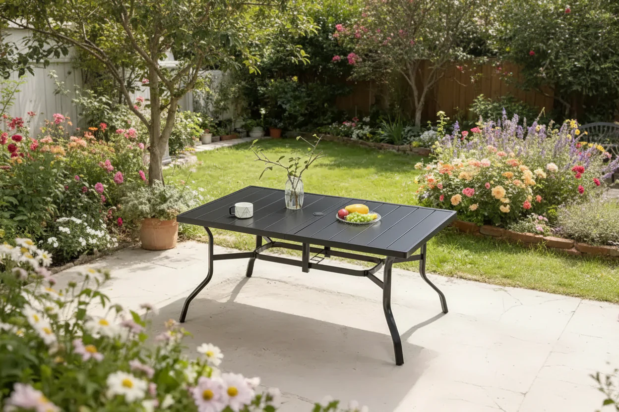 Outdoor Patio Dining Steel Table with Umbrella Hole & Grooved Tabletop for 6