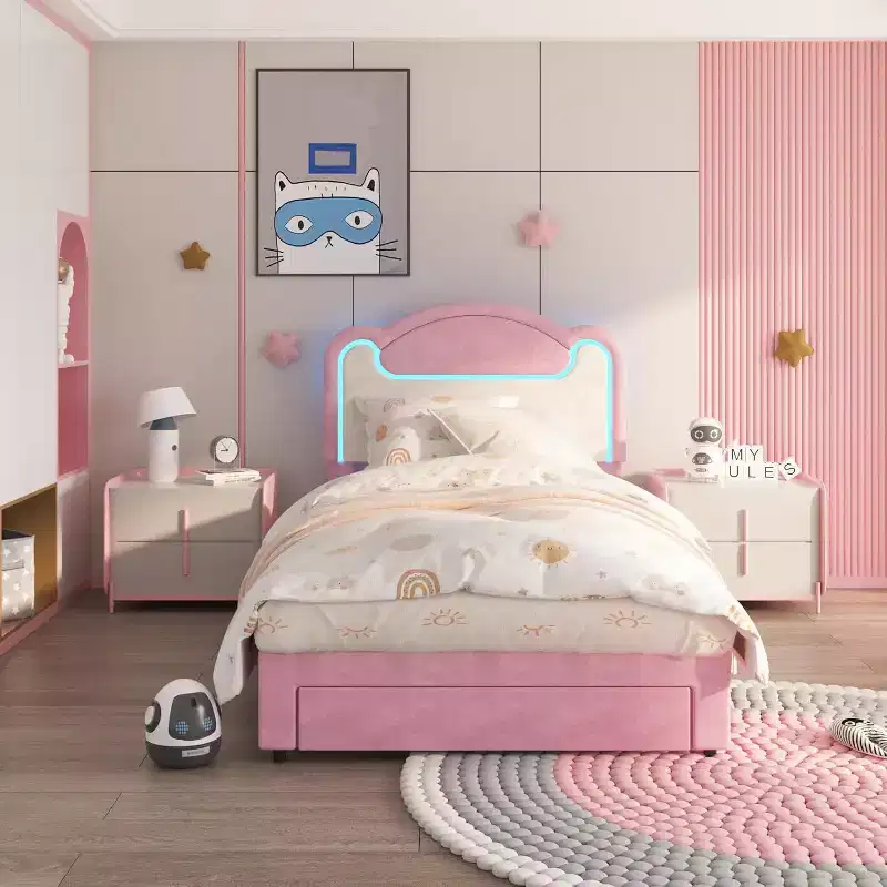 Double Upholstery Bed Frame, Strong Wooden Support, no Spring Box, with Drawers, Suitable for Children's Room, Pink and White
