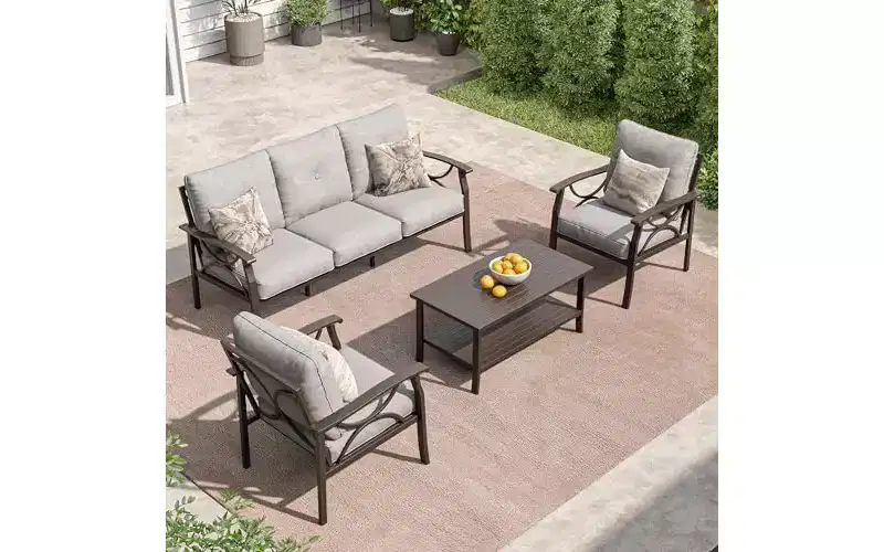 Heynemo Outdoor Patio Furniture Set, 4 Piece Patio Conversation Set with Coffee Table, Metal Furniture Set for Porch Backyard Garden, Grey