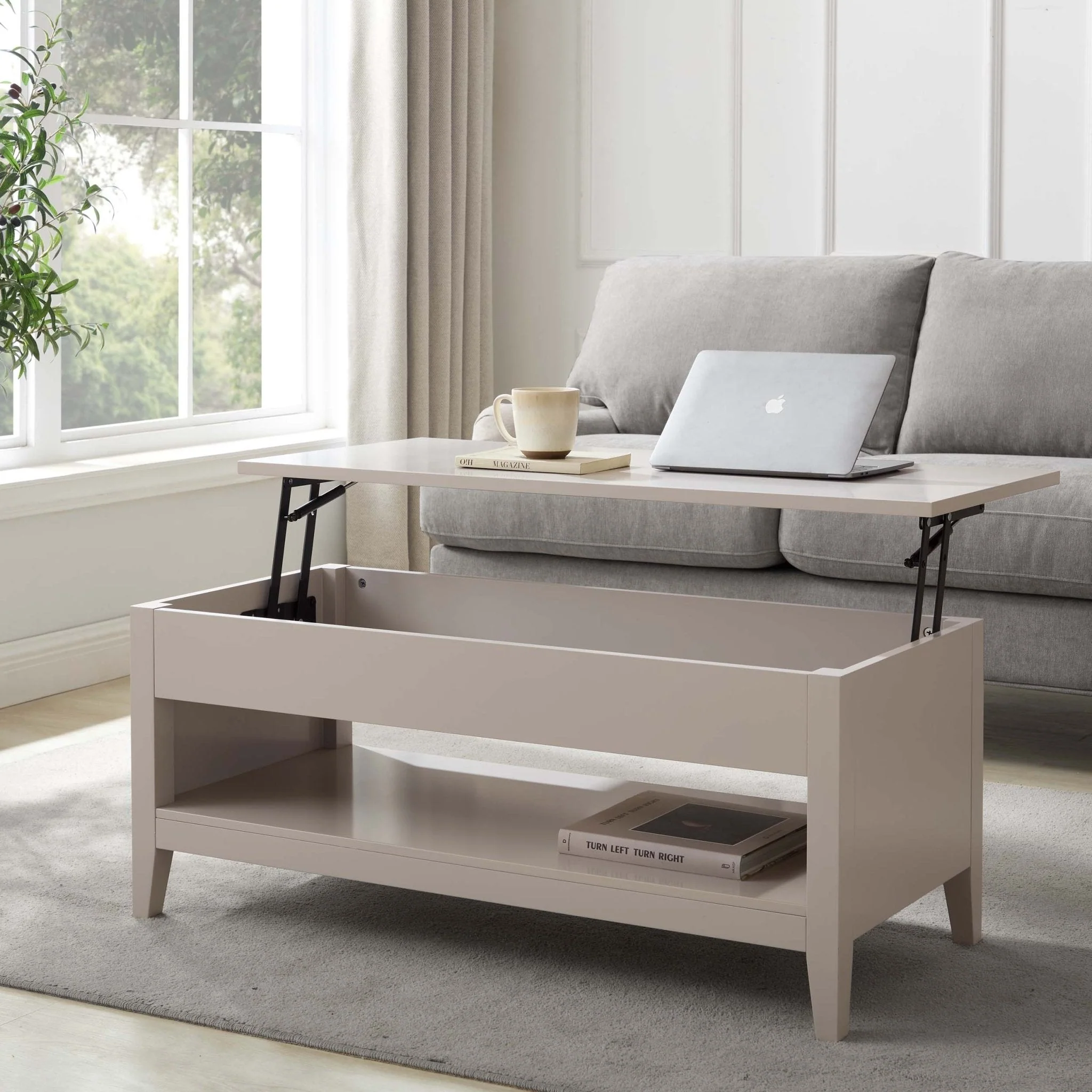 Modern Pebble Painted Lift-Top Coffee Table with Hidden Storage for Living Room
