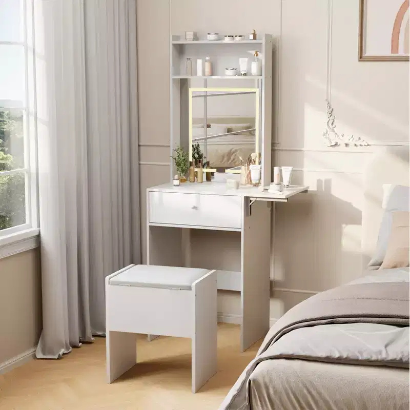 Compact dressing table with smart LED mirror, integrated power outlets - Foldable top - Storage chair and open shelves - Ideal for bedroom
