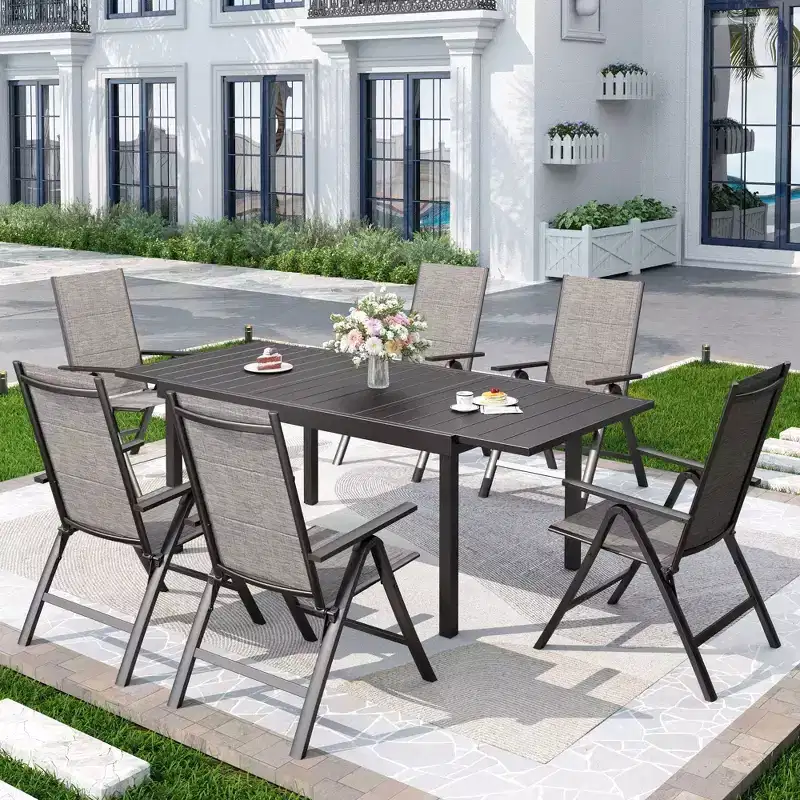 7pc Outdoor Dining Set with 7 Position Folding Chairs with Expandable Metal Table - Captiva Designs: Weather-Resistant Patio Furniture