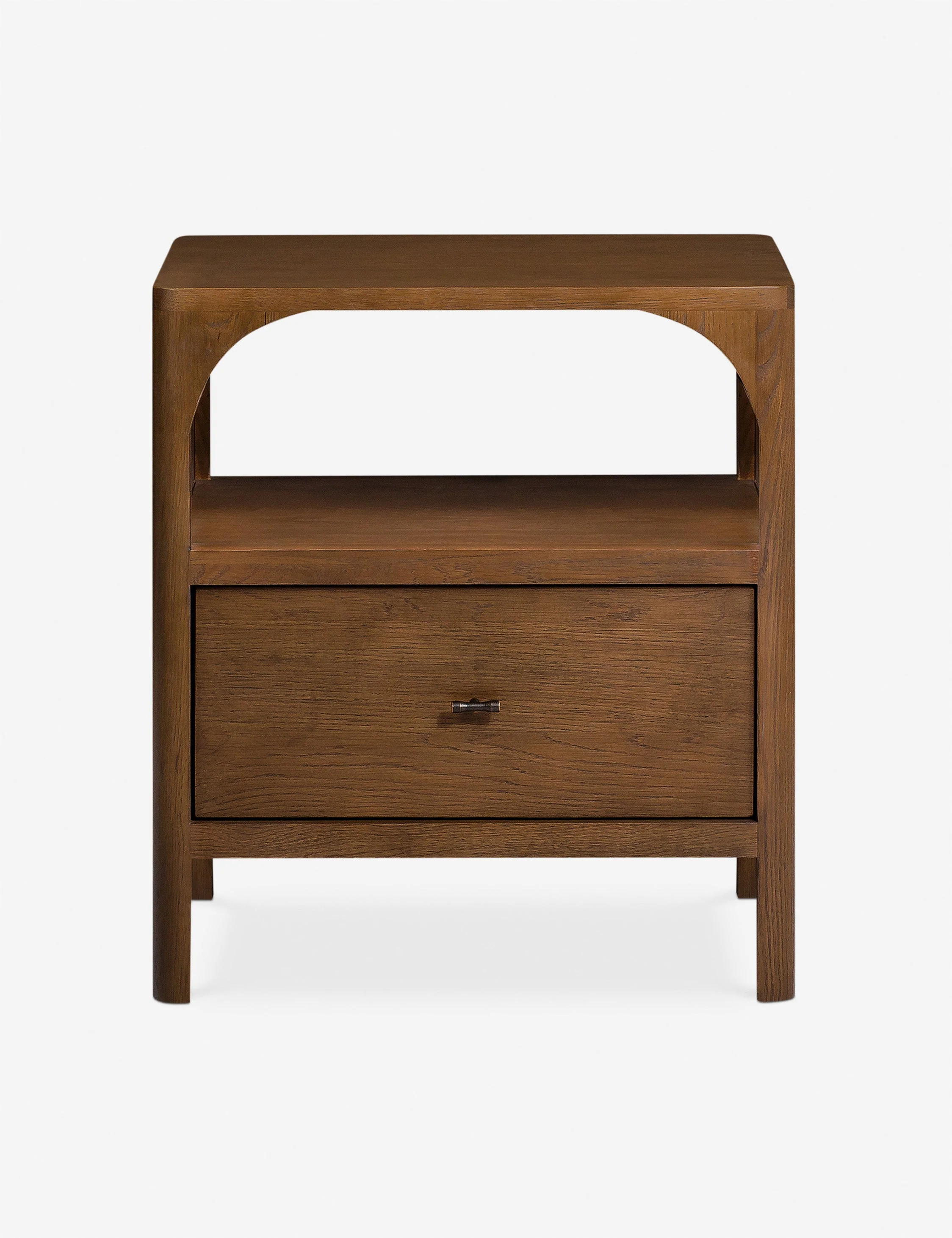 Nightstand Clean lines and natural oak grain lend a simple elegance to this modern nightstand. The wood nightstand is hand-finished with a walnut