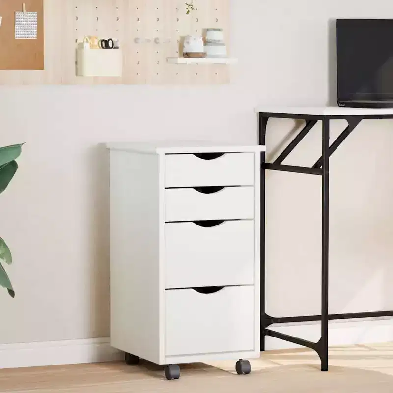 vidaXL Rolling Cabinet White Solid pine wood, engineered wood, plastic